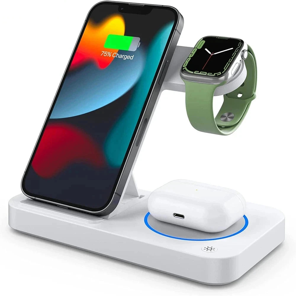 15W 4 in 1 Wireless Charger Clock Pad for iPhone 13 12 11 Pro 8 Wireless Charging Stand for Apple Watch 7 6 SE AirPods Pro 3